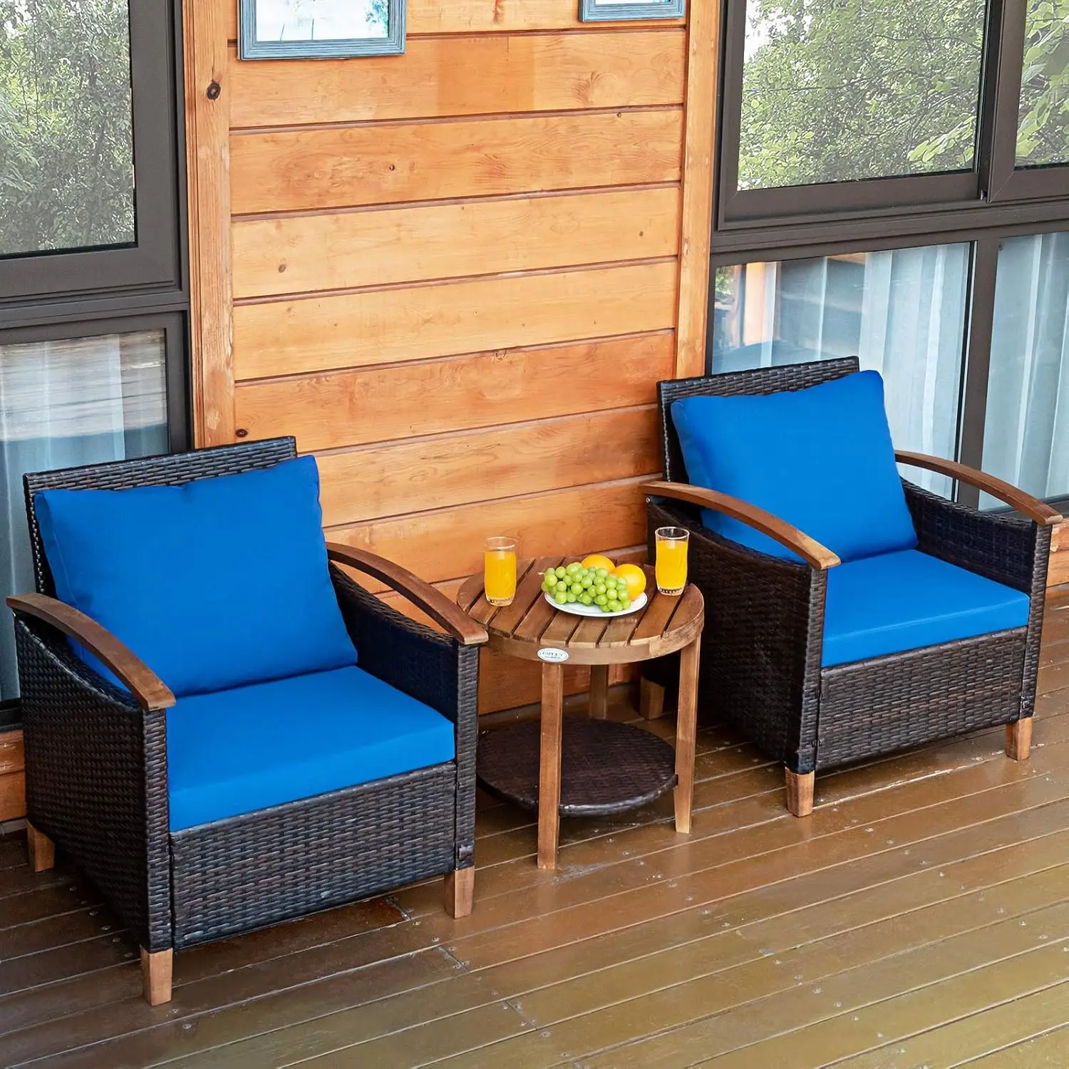 Outdoor Wicker Patio Furniture Set 2 Chairs & Acacia Wood Table with Removable Cushions for Porch Balcony Poolside, Customized