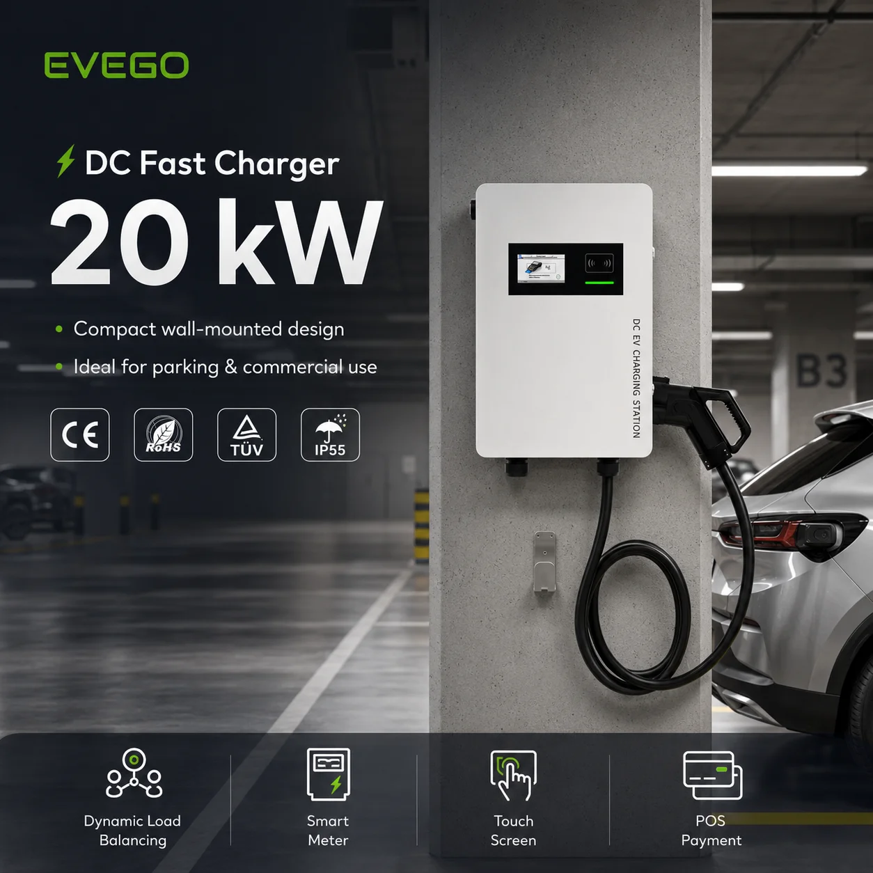 New Wall-Mount DC CCS1 Fast EV Charger 20kW Commercial Vehicle Charging Station with 5-inch Touch Screen 2-Year Warranty