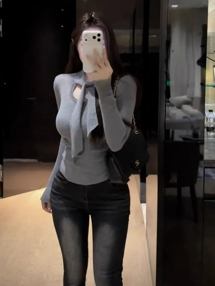 Coreano Sle Long Sve tejido ahuecado con cinturón Slim Fit ropa interior de mujer Top juvenil para otoño e invierno