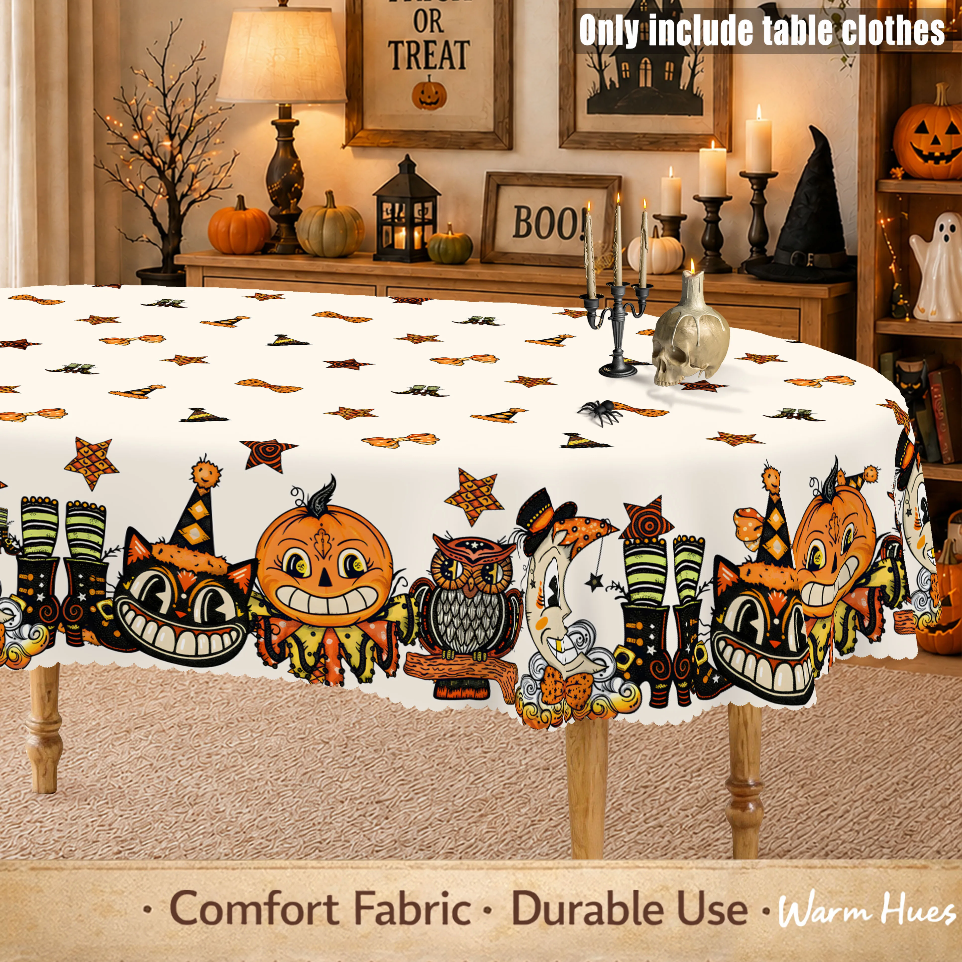 1 piece, retro Halloween themed tablecloth, pumpkin, black cat, owl, bat, witch hat print