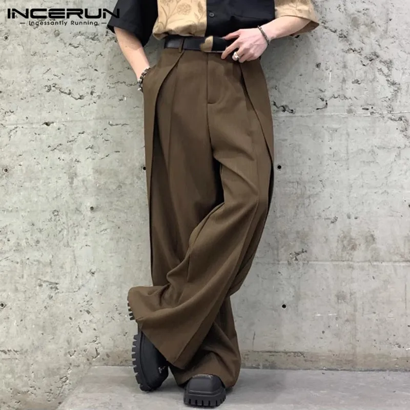 INCERUN 2024 Korean Style Men's Trousers Personality Cutting Design Wide Leg Pantalons Solid Leisure Streetwear Long Pants S-5XL