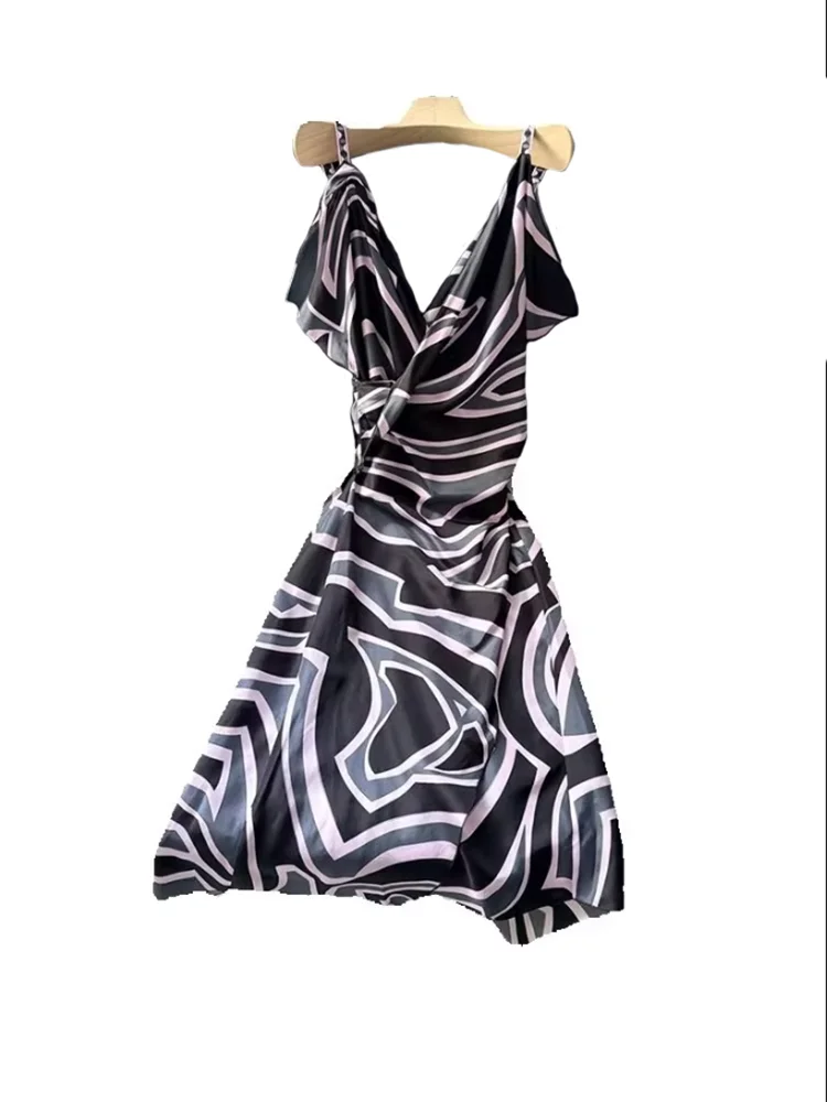 Summer Fashion Party Elegant Geometric Pattern Printing Silk Long Dress Women's Spaghetti Strap Ruched Slim A-Line Dresses