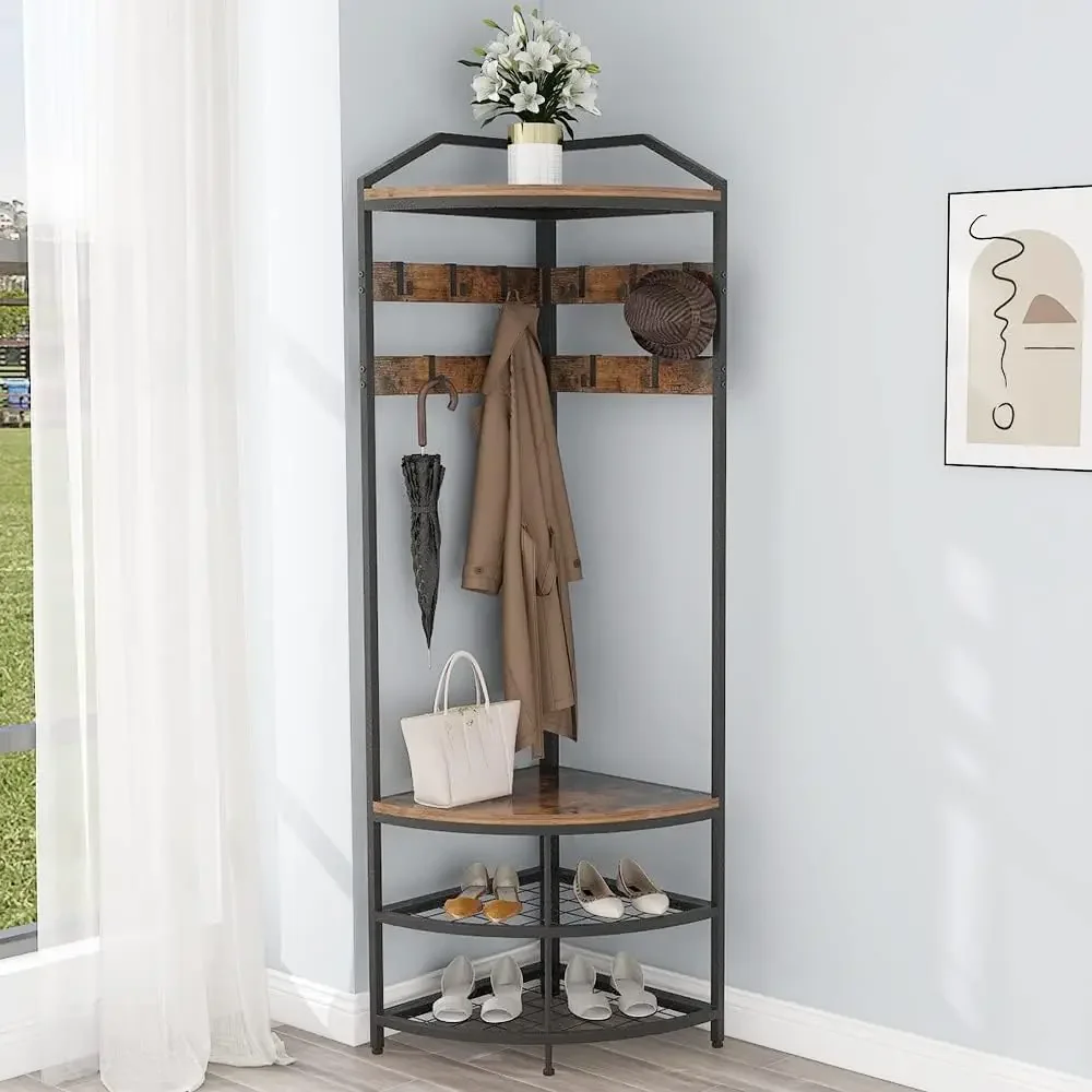 Corner Hall Tree with Shoe Bench Entryway Coat Rack with 10 Metal Movable Hooks Floor Standing Clothes Rack Shoes Shelf O