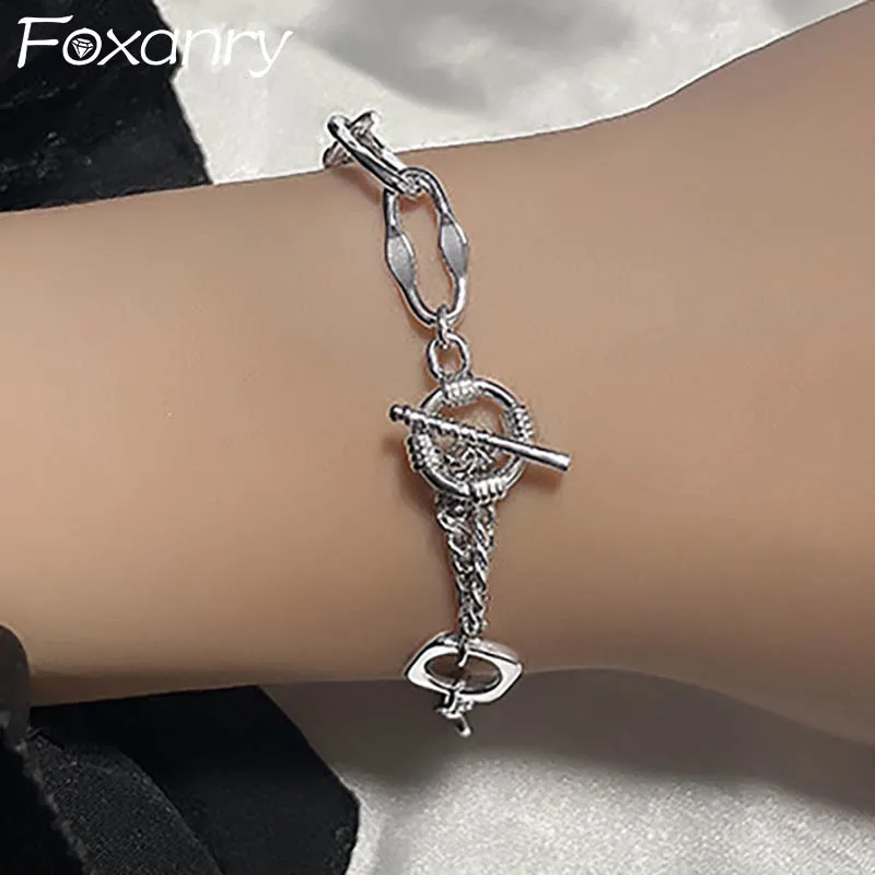 Foxanry Silver Color OT Buckle Chain Bracelet for Women Couples New Fashion Vintage Punk Geometric Handmade Party Jewelry Gifts