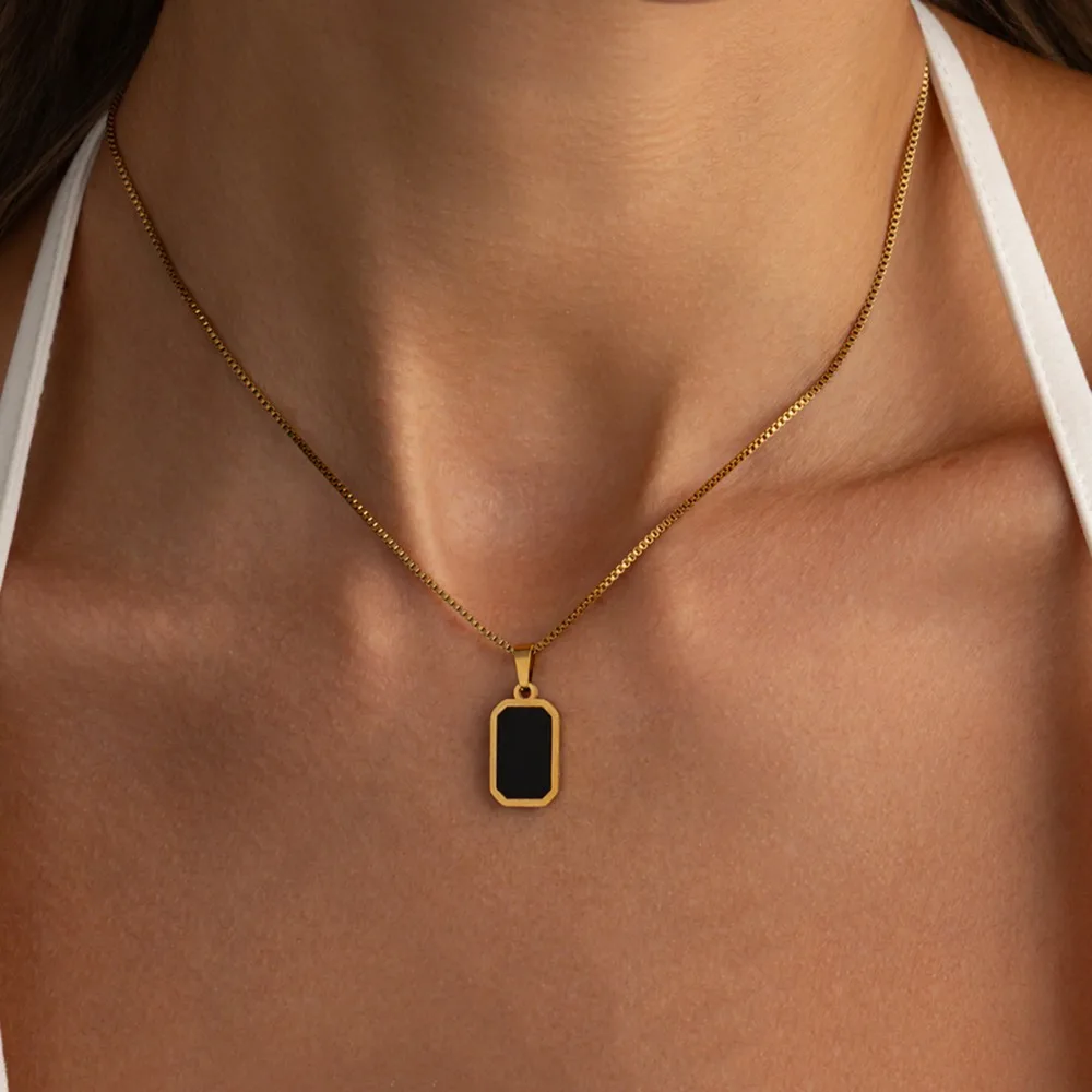 Minimalist Black Enamel Engraved Tag Pendant Gold Color Stainless Steel Box Chain Necklace for Women Inspirational Quote Jewelry