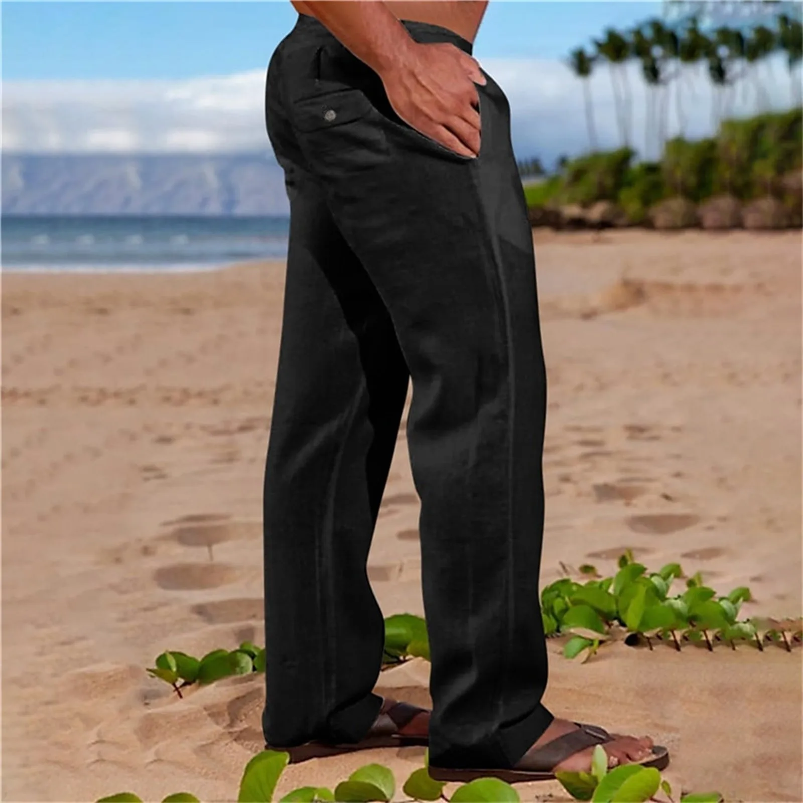 Men'S Cotton And Linen Outdoor Daily Solid Color Drawstring Multi Pocket Loose Straight Leg Pants Thrill Sweatpants