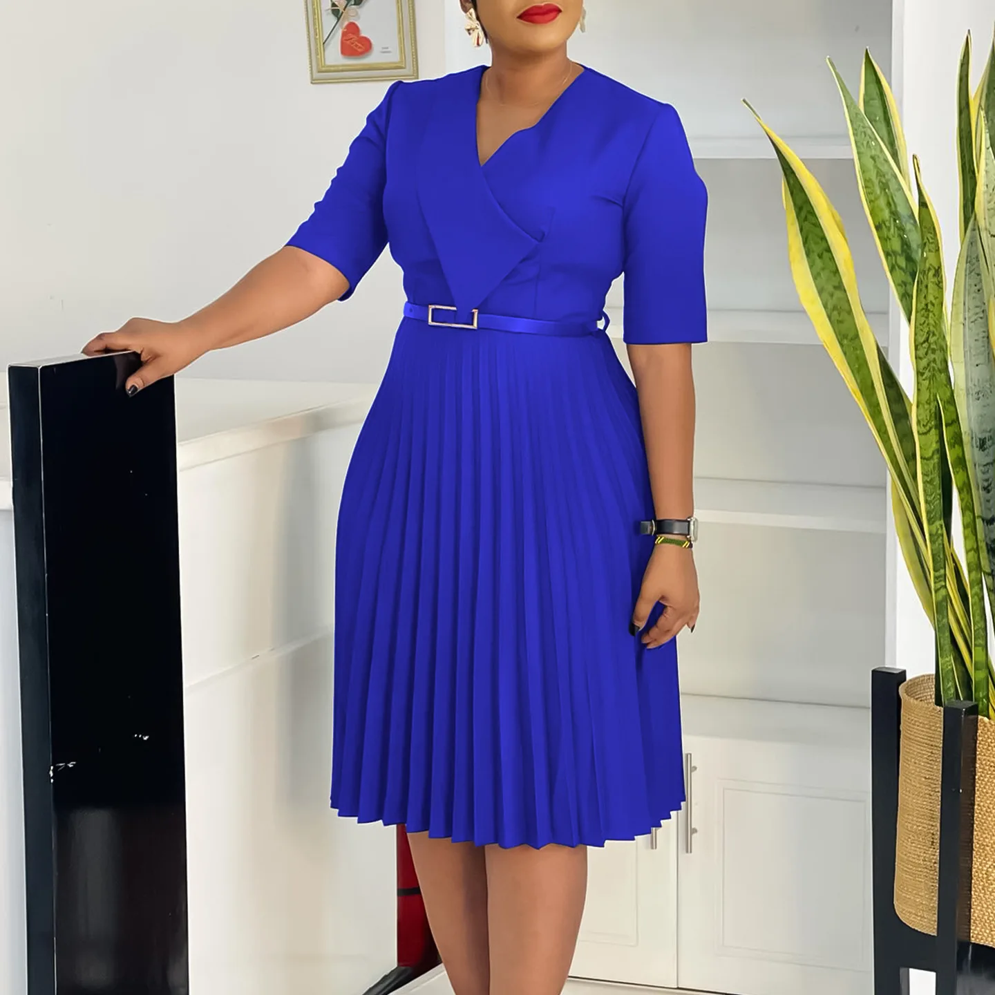 

D562 Women's Fashion 2026 Summer New Stylish Elegant V-neck Solid Color Plus Size Pleated Dress