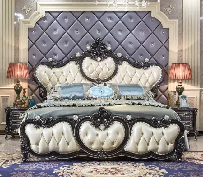 Black Wooden king Size Italian Luxury Full Bedroom Furniture Set Fancy Real Leather king Size Bed Craving Bedroom Furniture Set