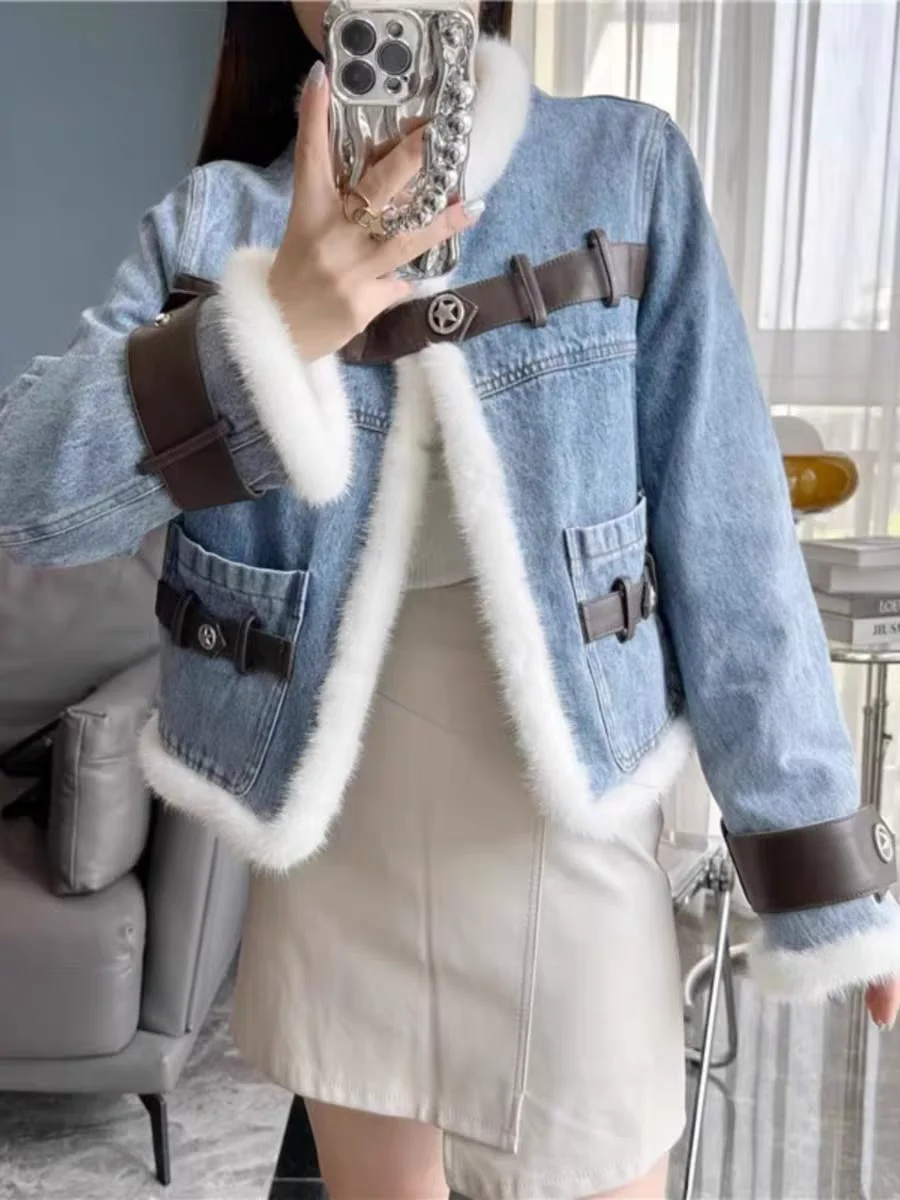 Denim Coats With Rhinestone Woman Fur Plush Womens Winter Standneck Lined Pleated Drawstring Outcoats Steampunk Festival Relaxed