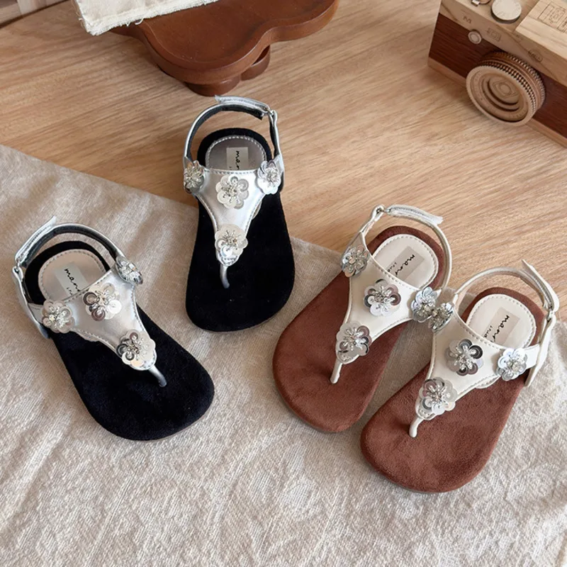 

Flowers Sequins Girls Sandals Summer PU Leather Children Flip Flops Fashion Hook Loop Anti Slip Toddler Kids Sandals