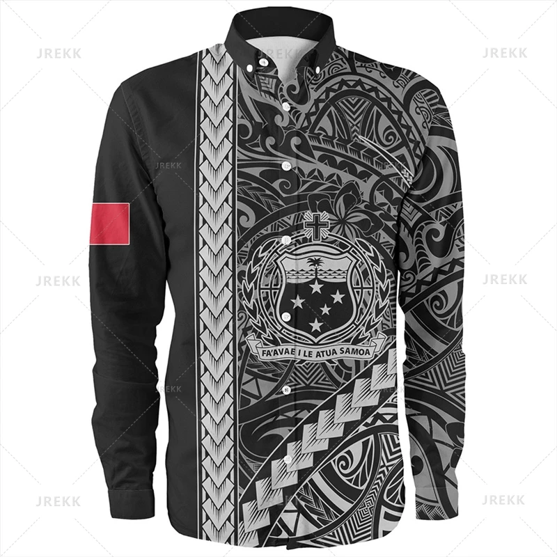 

Small Size Vintage 3D Printing Polynesian Samoa Emblem Long Sleeve Shirts Men Samoa National Patterns Graphic Lapel Blouse Tops