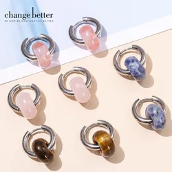 Change Better Natural Stone Agate Turquoise Silver Color Hoop Earrings Women Stainless Steel Donut Chunky Hanging Ear Buckles