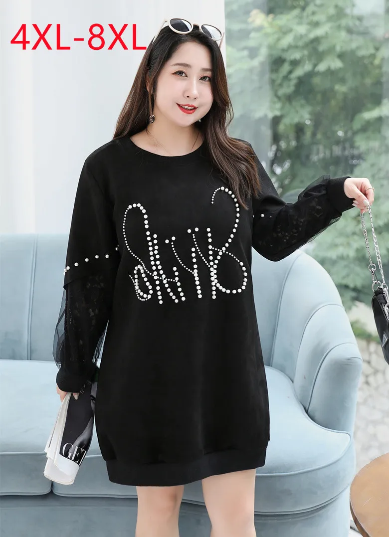 

New 2022 Ladies Spring Autumn Plus Size Tops For Women Large Size Long Sleeve O-neck Lace black Coat 4XL 5XL 6XL 7XL 8XL