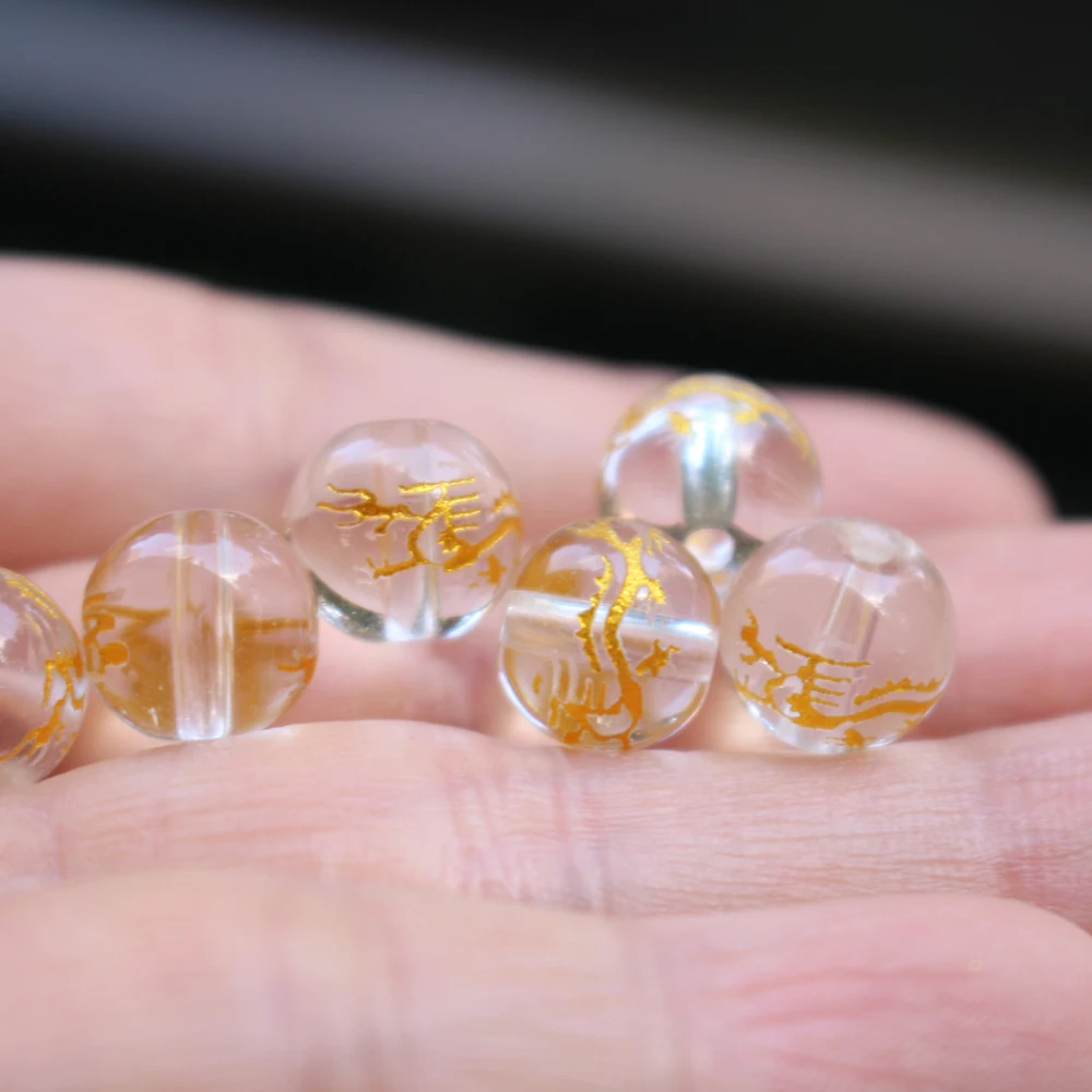 10Pcs 8mm 10mm 12mm Glass Beads Clear Color with Carving Gold Dragon  Fashion Bead For Jewelry Wholesale and Retail DIY Supplies