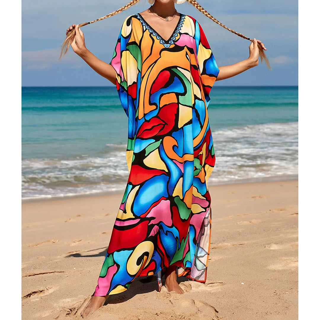 2026 Neues Buntes Kaftan-Tunika Strandkleid Strandmode Strandüberwurf Locker Sitzendes Maxikleid für Damen V4428 – Detail 16