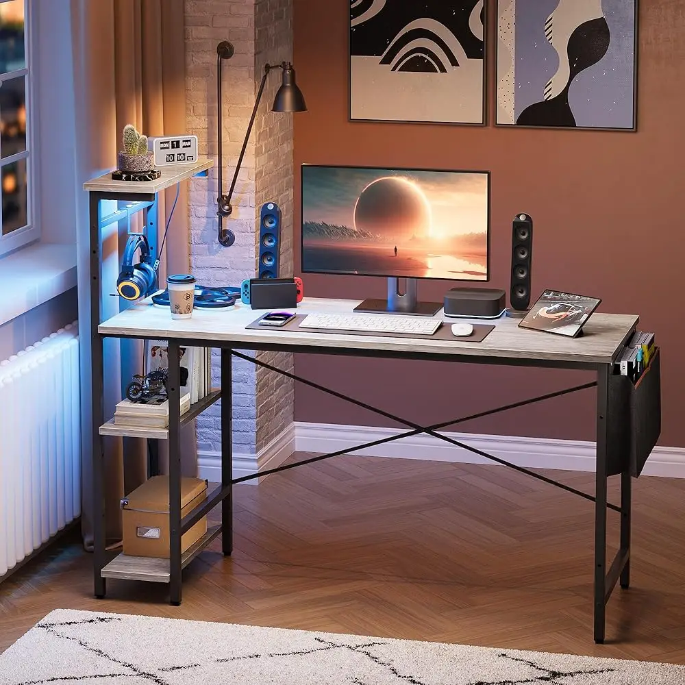 

Gaming Desk With Led Lights, 51.3 H Computer Desk With 4 Tiers Reversible Shelves, Home Office Writing Desk With Side Storage