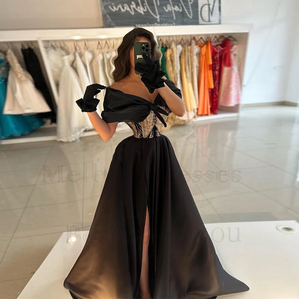 

Black Off Shouler Evening Dresses for Women Side Slit Satin Prom Gowns 2024 Summer New Sleeveless Robe De Soirée Side Slit Robe