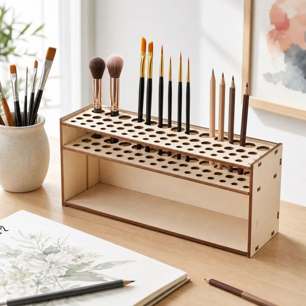 Wooden Paintbrush Organizer Space Saving Open Slot Structure Makeup Brush Holder Natural Wood Style Multi Hole Pencil Holder