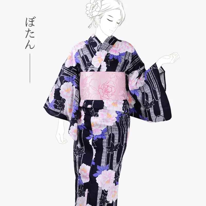 New Japanese Kimono Yukata Pure Cotton Vintage Dress Absorbent And Breathable Pink Pfingstrose Flower Printing 163cm Length