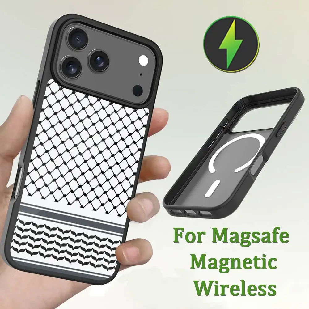 Keffiye P-Palestines Art Capa de telefone para iPhone 13,12,11,16,15,17,14,Pro,Max,Plus,Mini,Magsafe, carregamento magnético sem fio