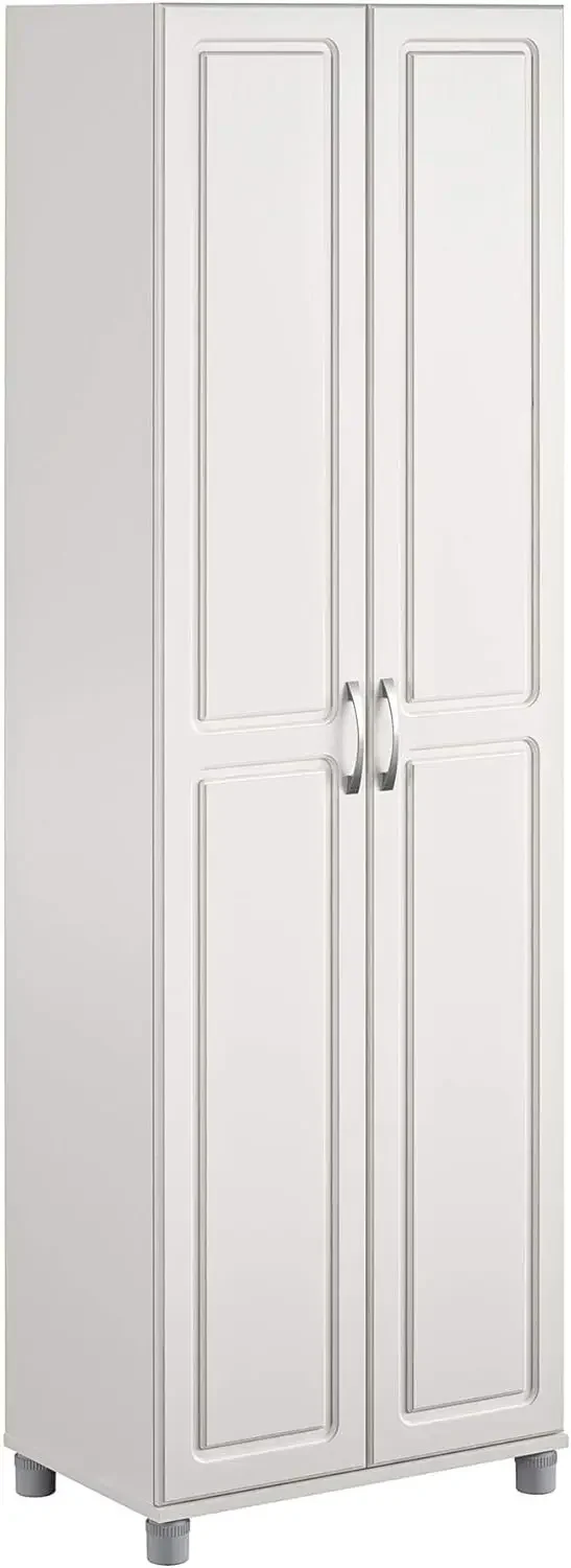 24" Utility Storage Cabinet - White，Made of laminated MDF and particleboard, the water resistant white finish can easily