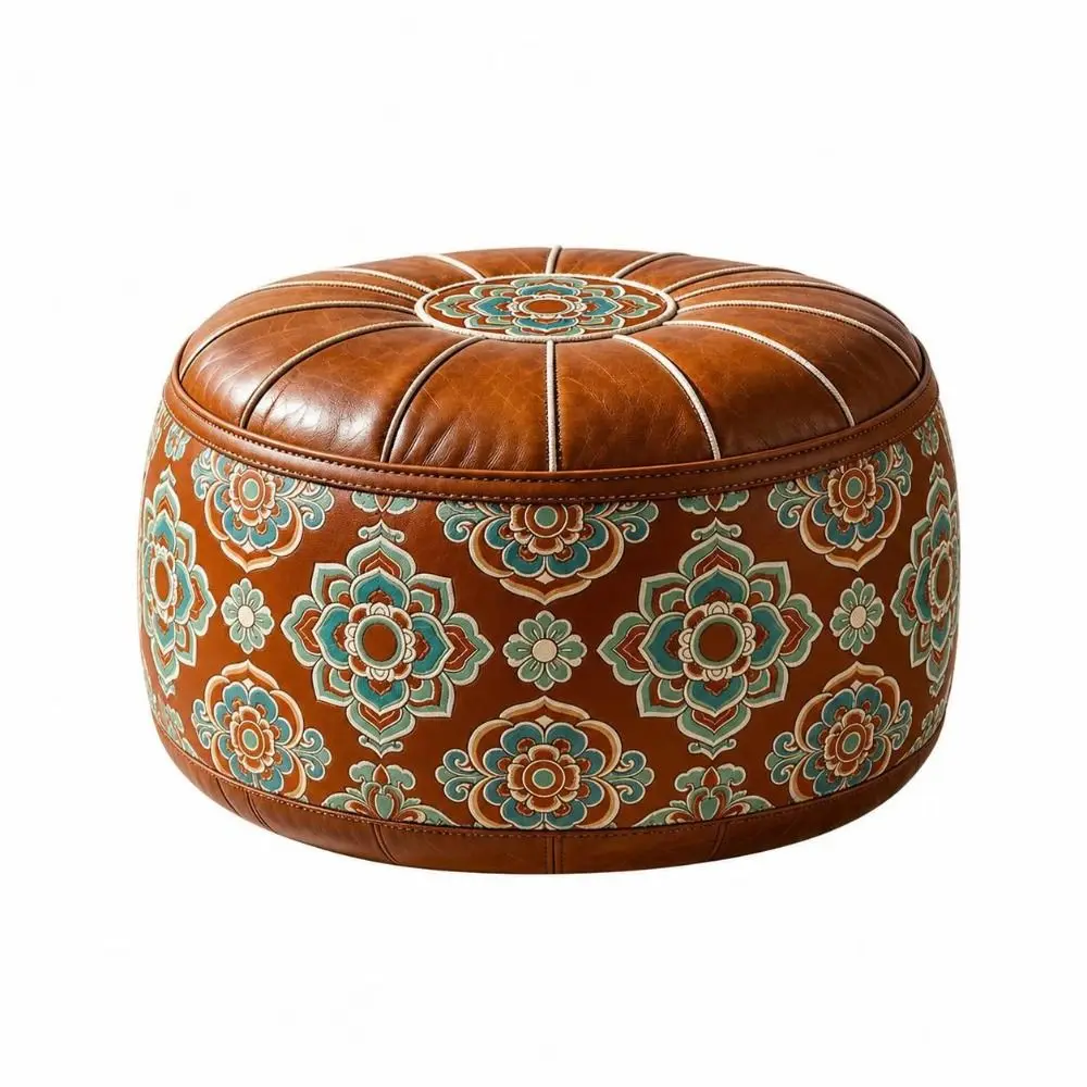 PU Leather Fillable Ottoman Pouf Round Shape Embroidered Pattern Round Pouf Cover Moroccan Style Floor Seat Cushion Living Room