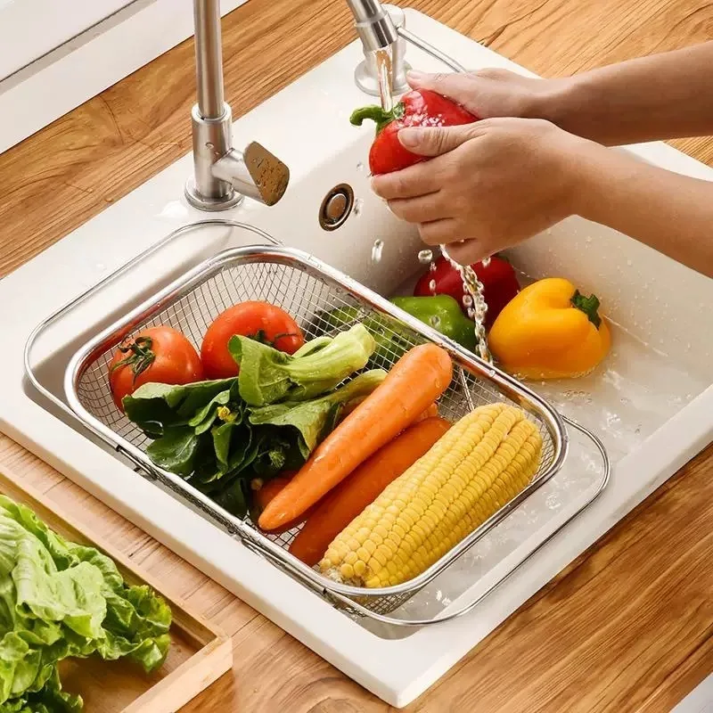 Stainless Steel Telescopic Sink Colander Basket Modern Kitchen Drain Rack Adjustable Strainer For Vegetables Fruits Storage