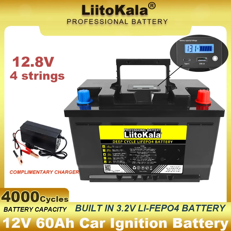 12V 60AH 4s LiFePO4 Battery Lithium Power Batteries 4000 Cycles for 12.8v Inverter Car lighter Solar Wind +14.6V 10A Charger