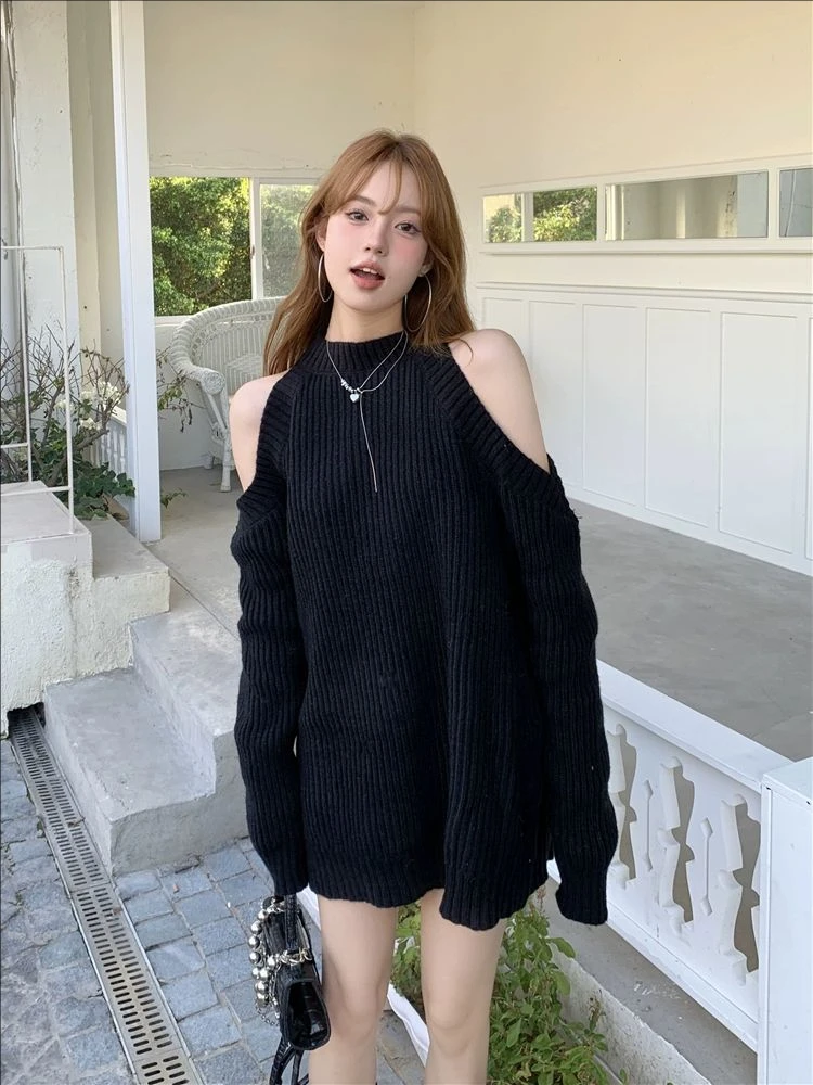 Knitted Sweater Women  Long-sleeved Off Shoulder Pullovers Hotsweet Vintage Streetwear Clothing Y2k Tops Fashion Knitting Dress
