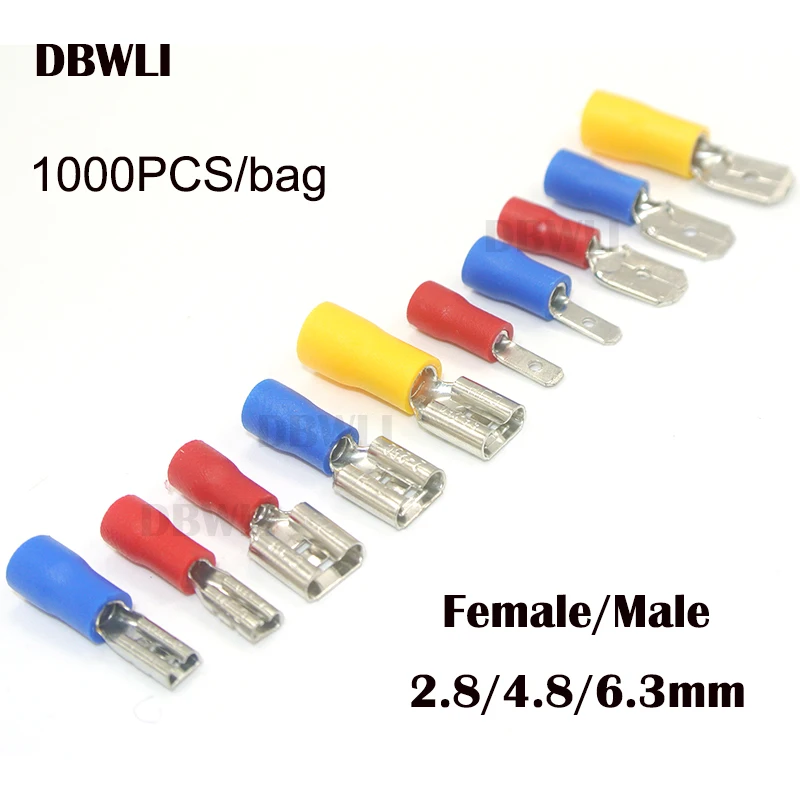 1000pcs FDD Female Quick disconnects Vinyl Insulated Spade Wire Connector Electrical Crimp Terminal  6.3mm 4.8mm 2.8mm