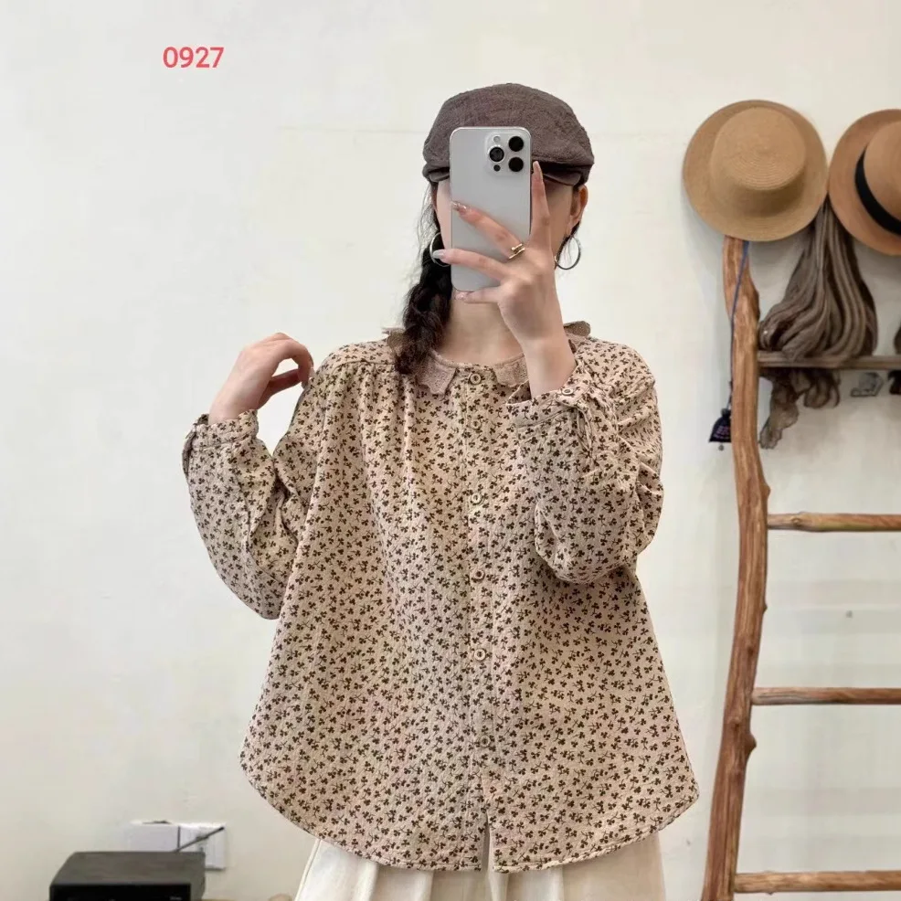 

[Готовый запас] Высококачественная женская блузка из 100% хлопка, рубашка с кружевным принтом, однобортные свободные свободные рубашки с длинными рукавами, уютные рубашки, блузки