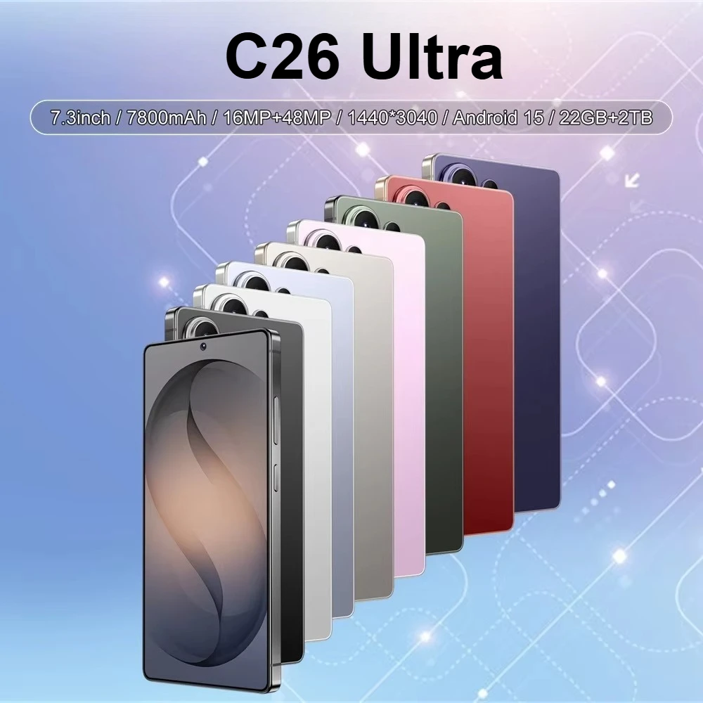 K-Touch Smartphone For C26 Ultra 5G Cell Phone 7800mAh Battery Mobile Phones Full Display 48MP Camera 7.3 Inch HD Android 22GB RAM 2TB ROM Octa Core Face ID Dual SIM 4G Unlocked Android 15 Cell Phone with FM Radio GPS