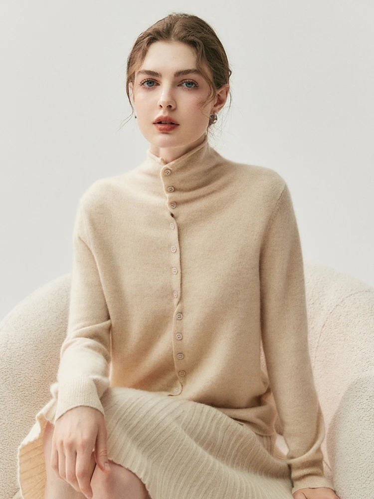 

Retro Basic Comfort Exquisite Turtleneck Cardigan Sweater 100% Cashmere Women's Simple Soft Warm Autumn Winter Clothing Tops