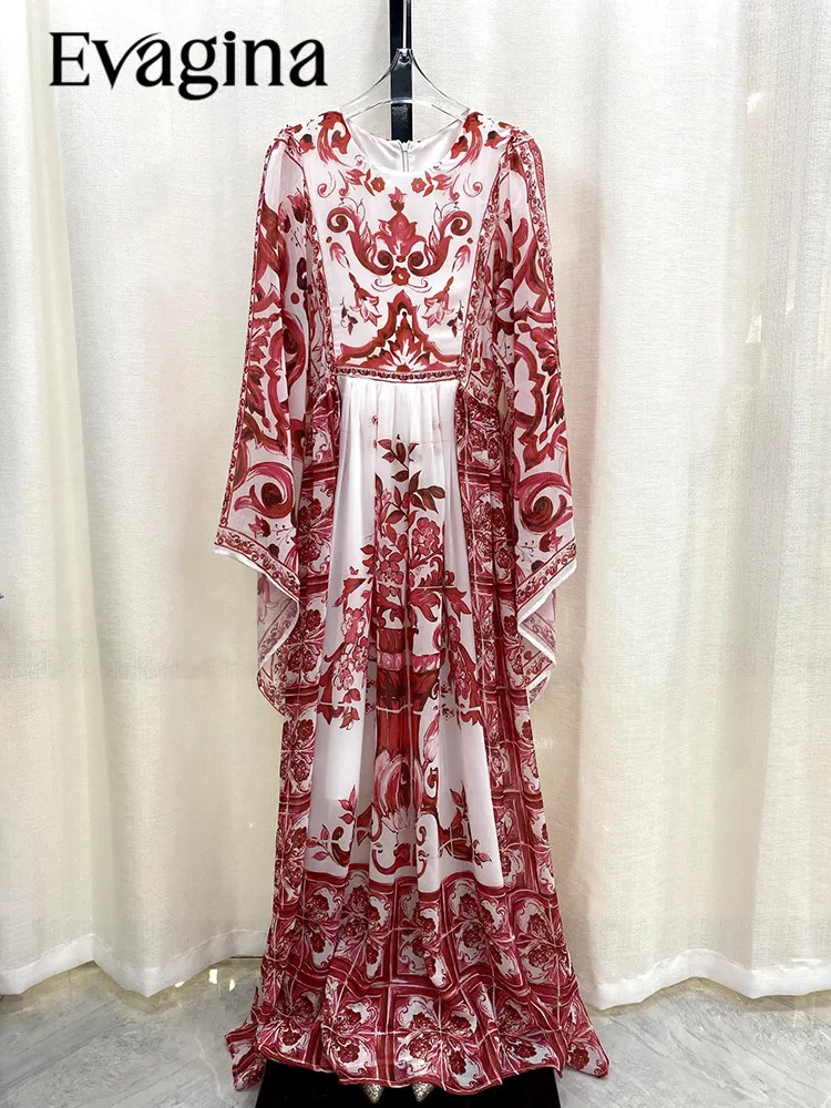 

Evagina HIGH STREET Newest 2023 Designer Runway Fashion Women's Irregular batwing Sleeves Fashion Print Loose Long Dress