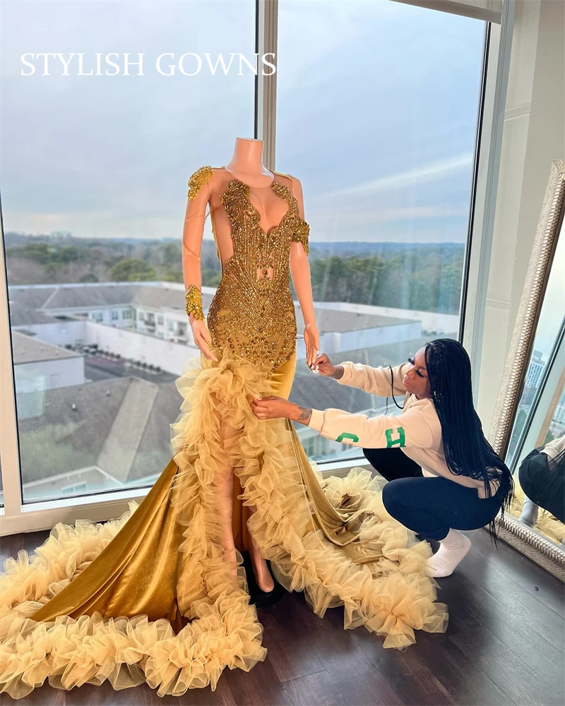 

Gold O N Evening Dress Black Girl 2024 Bead Crystal Birthday Party Gowns Ruffles Formal Dresses Slit Mermaid Robe Customized