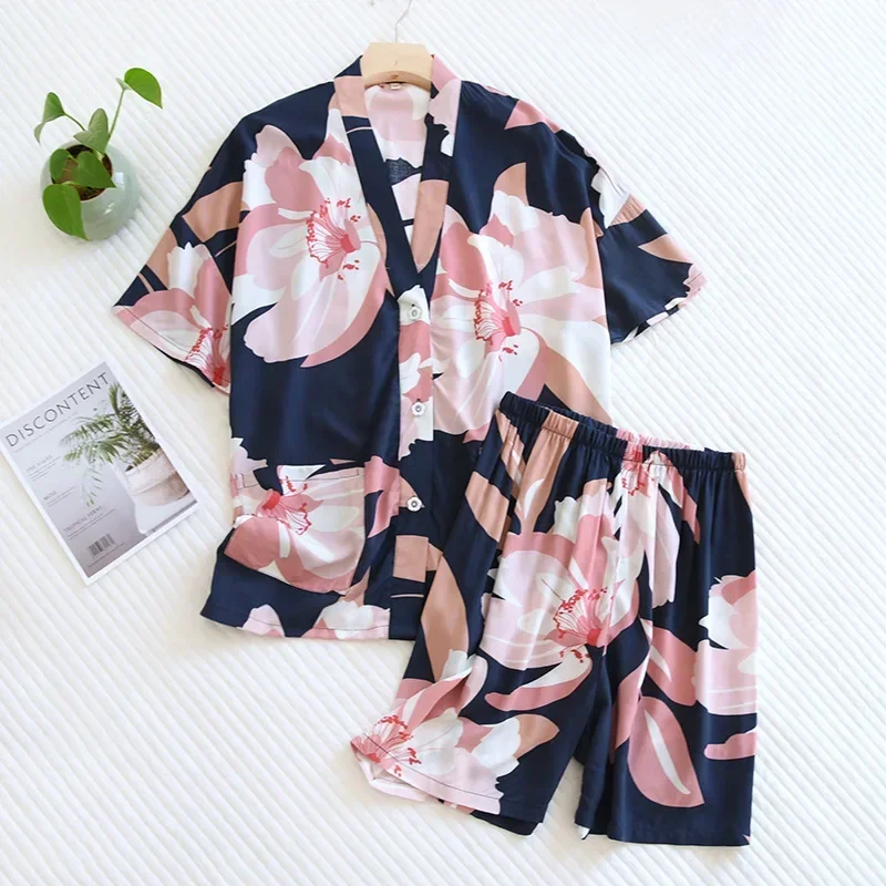 New Summer Ladies 100% Viscose Pajamas Short Sleeve Shorts Two Piece Floral V-Neck Thin Loose Women\'s Homewear Set sleepwear