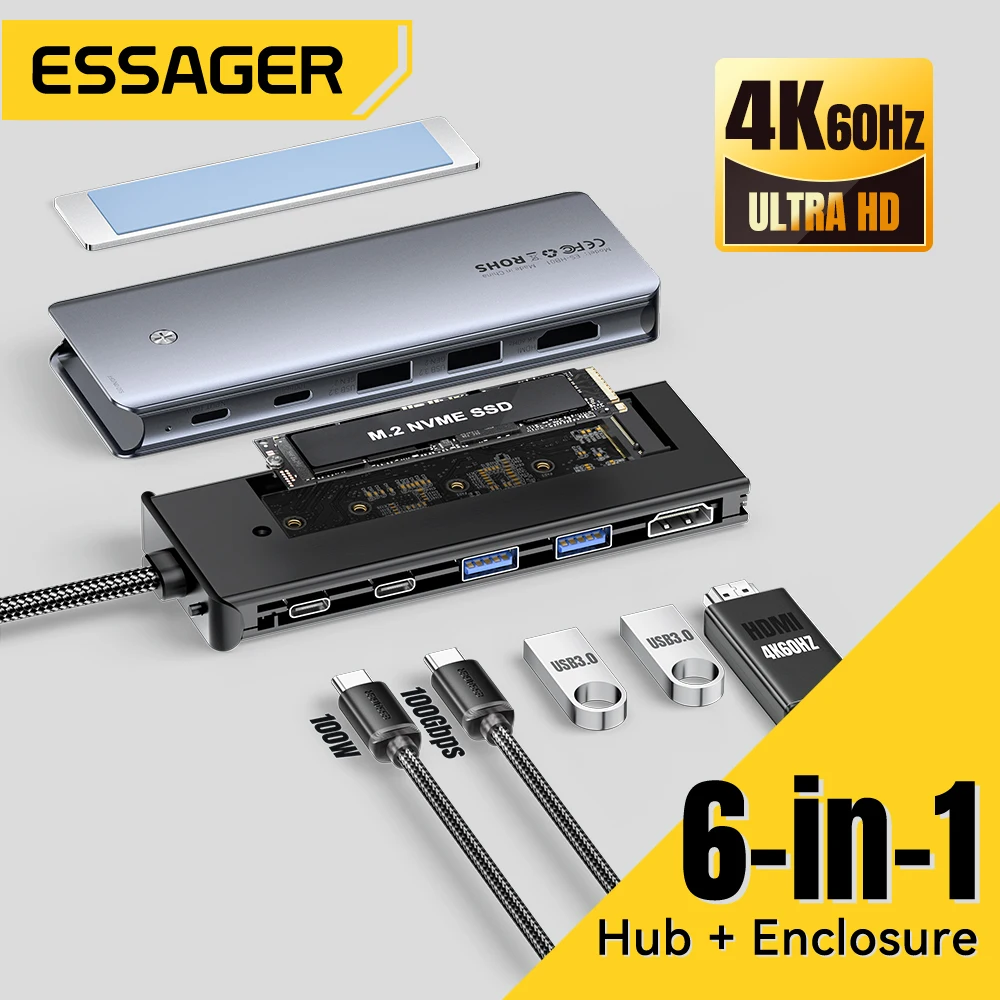 Essager USB C 허브, M.2 SSD 하드 디스크 인클로저 포함, 6/7 인 1, PD100W, USB3.2, 10Gbps HDMI, USB C 타입 어댑터, 맥북 프로 에어 PC용