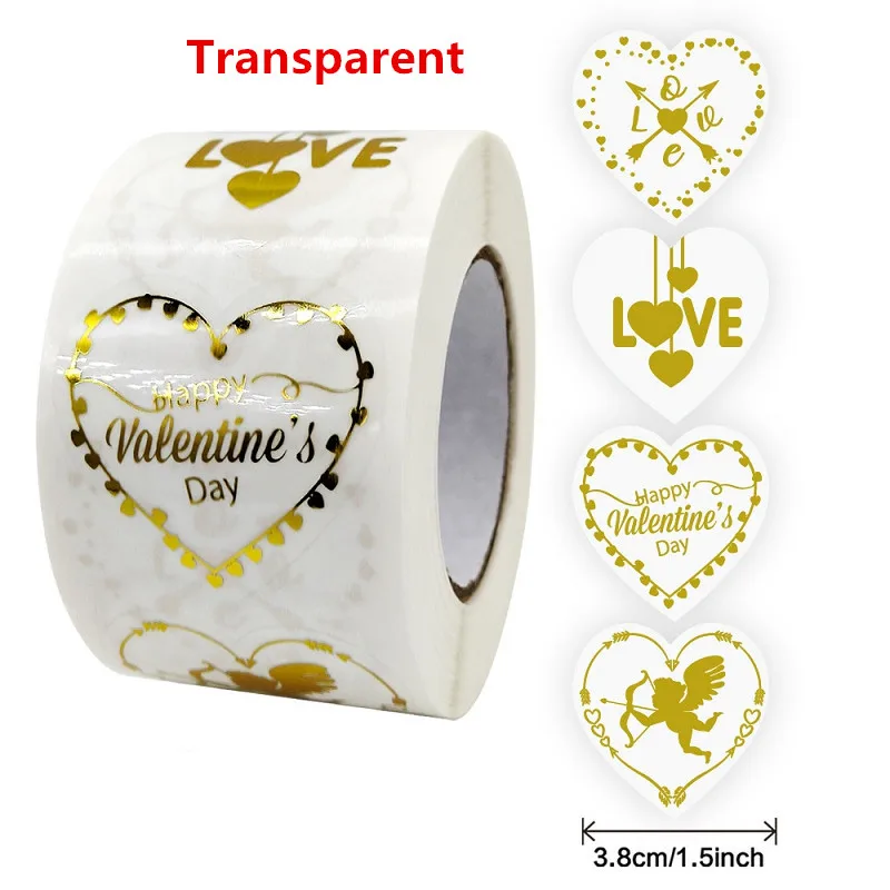 New White & Clear Gold Foil Happy Valentine's Day Stickers L Size 1.5inch/38mm Thank You Labels for Romantic Wedding Gift Decor