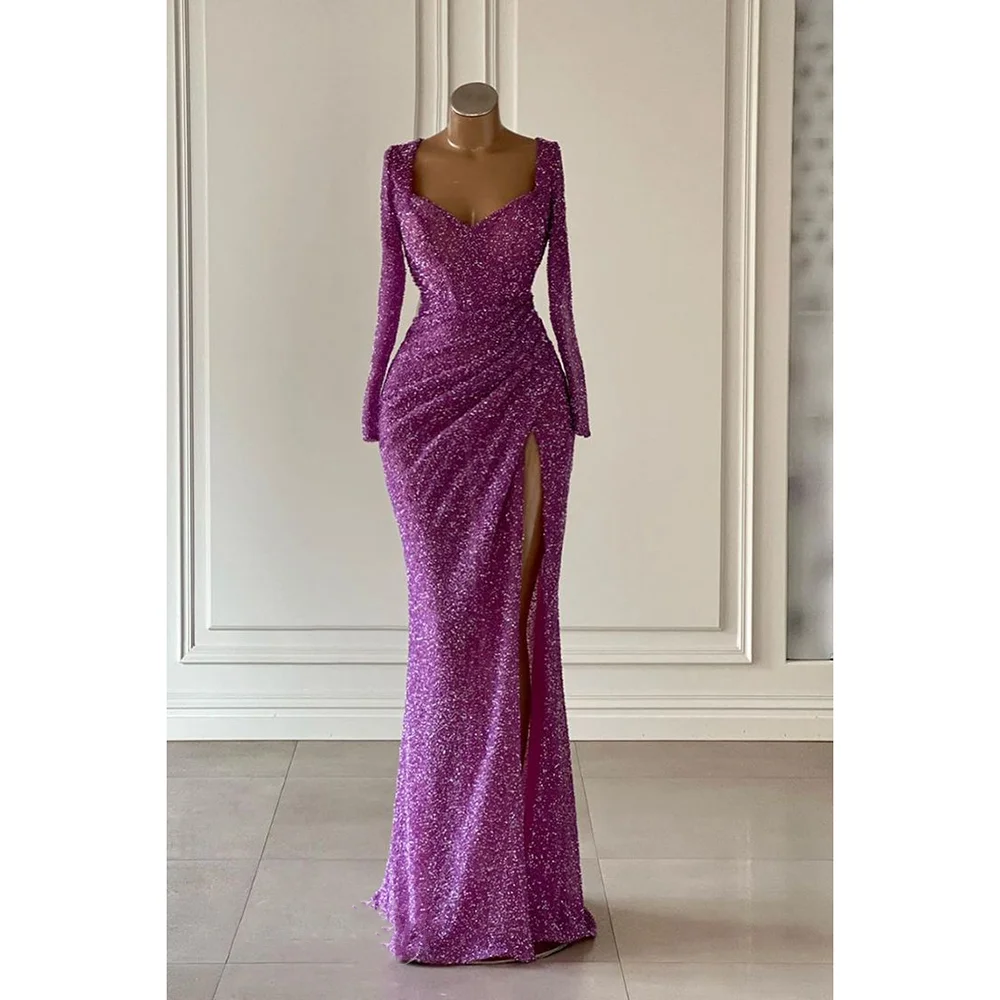 

High-end Long Sleeves Women Prom Dresses Waist Pleasted Side Split Mermaid Sequin Applique Prom Party Dress