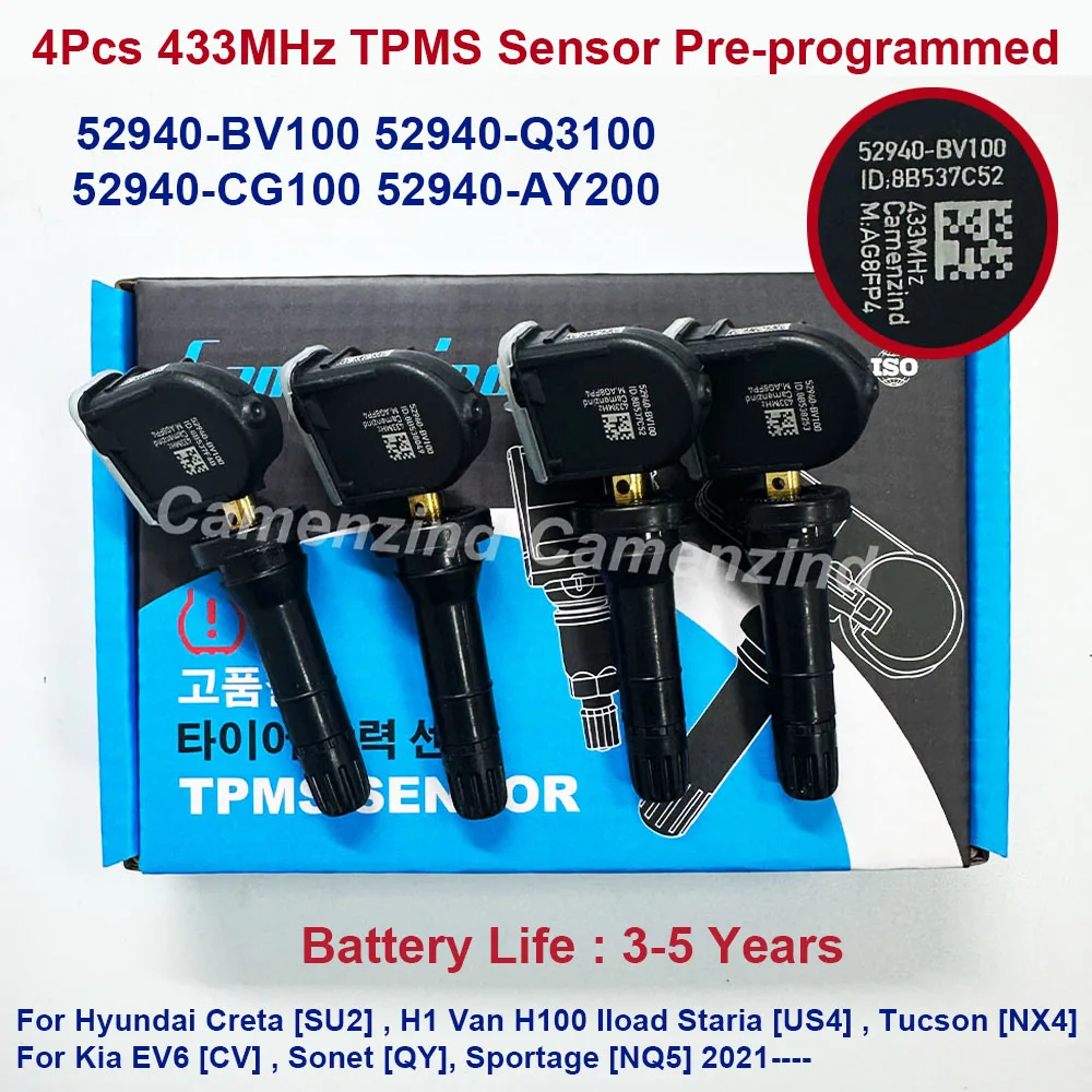

4Pcs TPMS 52940-BV100 52940-Q3100 52940-CG100 52940BV100 Tire Pressure Sensor For Hyundai Creta H1 Kia EV6 for Kia EV6 Sportage