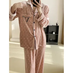 Warm Velvet Pajamas Set Long Sleeve Homewear Lady Elegant 2Pcs Top&pants Autumn Winter New Sleepwear Print Love Pyjamas Suit