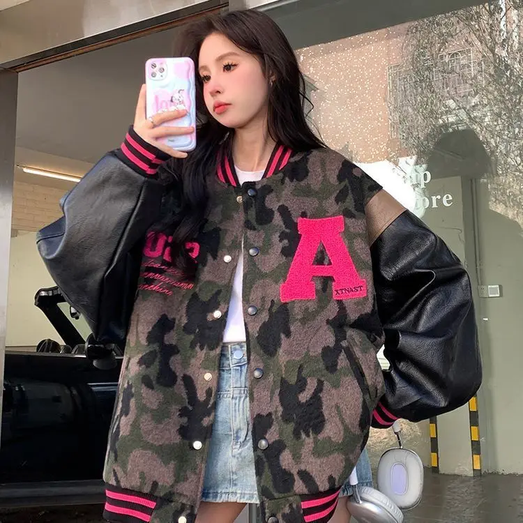Baseball Jacket Camouflage Letter Embroidery Fashion Jackets Women Retro Patchwork Knitting American American High Street 2024