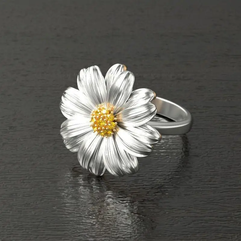 Relief brushed daisy flower ring, yellow stamen, summer retro style, women's daily versatile jewelry