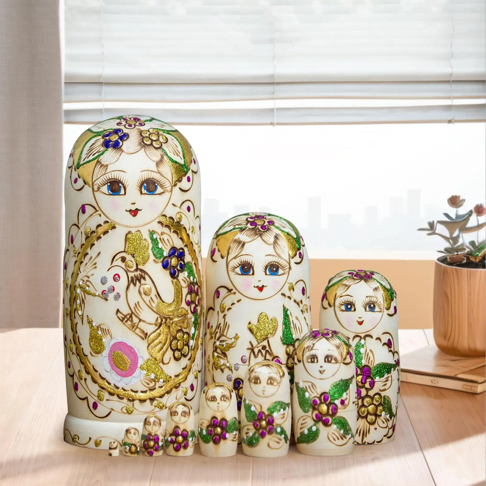10 Pieces Russian Dolls Stacking Doll Set, Traditional Educational Toy, Wood Matryoshka Doll for Kids, Adults Wishing Gift