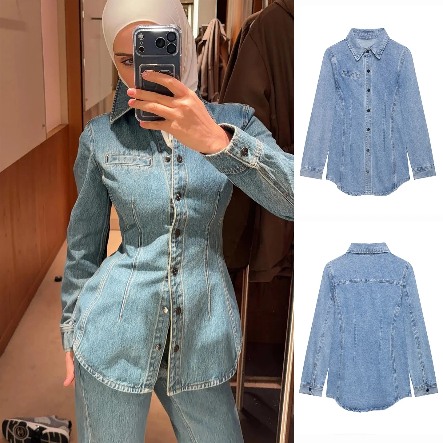 

Spring New Women's Slim Fit Denim Shirt Long Sleeve Single Row Multi-Buckle Turn-down Collar Waist-cinching Slimming