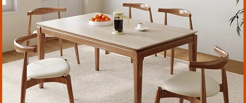 White wax wood travertine rock slab dining table in the ancient style solid wood legs simple rectangle