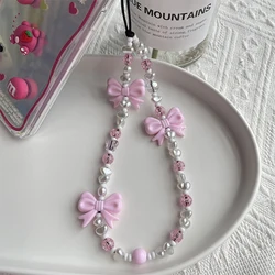Simple Cute Kawaii Bowknot Beaded Phone Chain Fashion Delicate Keychain For Women Girls Sweet Bag Decoration Accessories Gifts