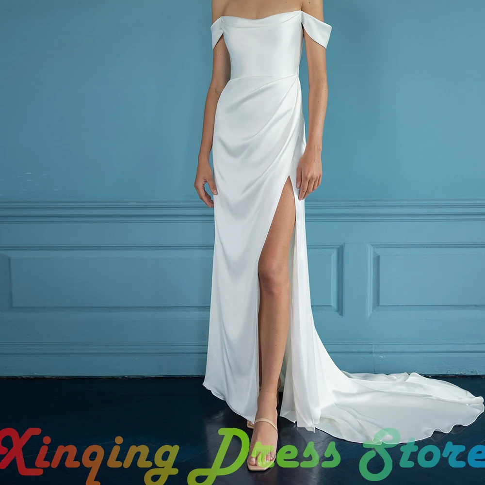 Classic Side Slit Solid Color Satin Wedding Dress Straight Strapless Off the Shoulder Simple Sleeveless Sweep Train Buttons Gown