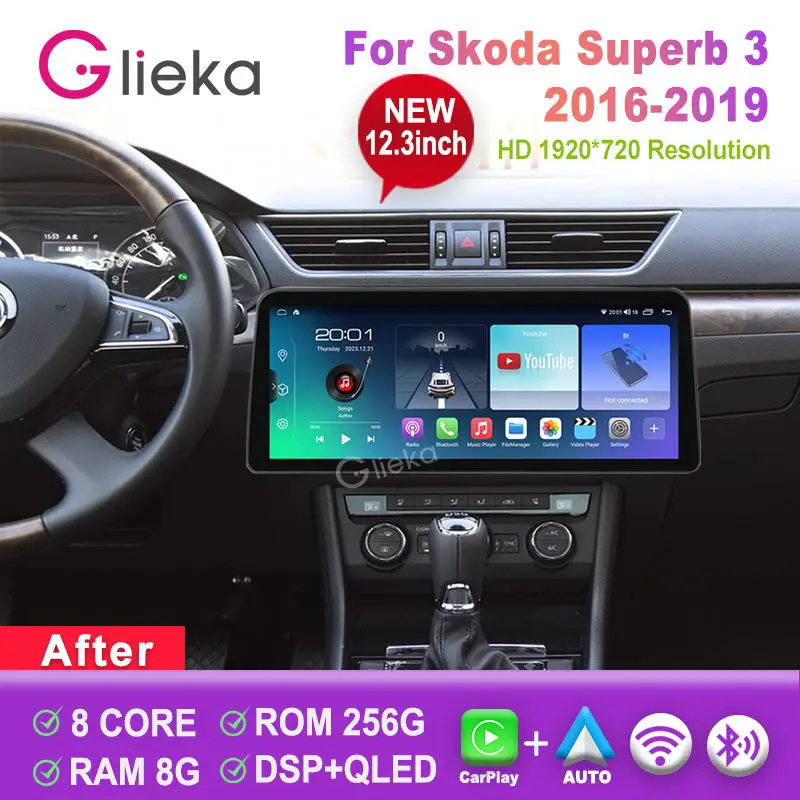 12.3 inch 2K Screen Carplay Android For Skoda Superb 3 2016-2019 Car Radio Stereo Multimedia Player GPS WiFi BT  Head Unit