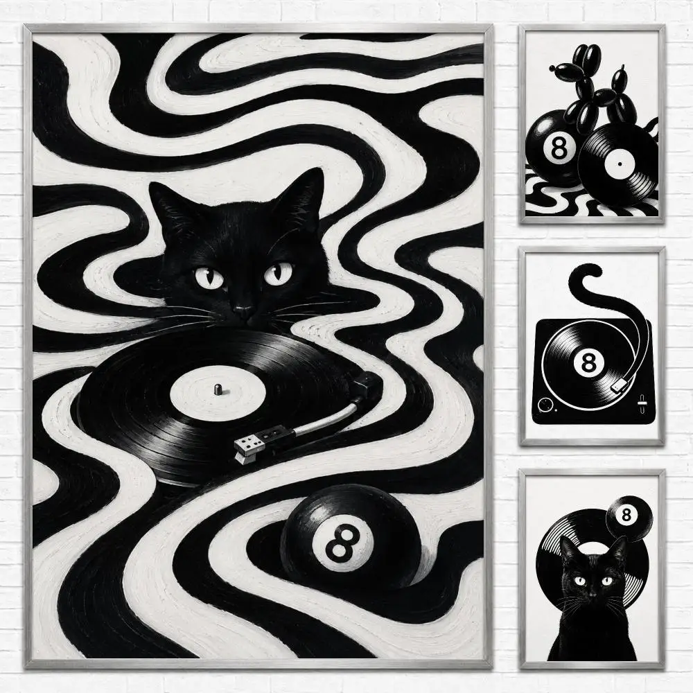B&W billiard cat record player Poster Self‑Adhesive Waterproof PP Poster Coffee House Bar Wall Art Sticker Room Home Decor